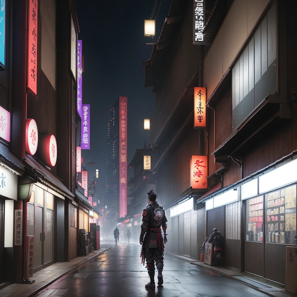 There is a Samurai man walking down a street at night with a backpack, cyberpunk streets in Japan, Japan. Volumetric Lighting, Cyberpunk Street, Cyberpunk Street at Night, Cyberpunk Streets at Night, Futuristic Cyberpunk Tokyo Night, Japanese Street, Japonisme 3 D 8 K Ultra Detailed, Cyberpunk Night Street, Sci-Fi Cyberpunk City Street, City Street Cinematic Lighting