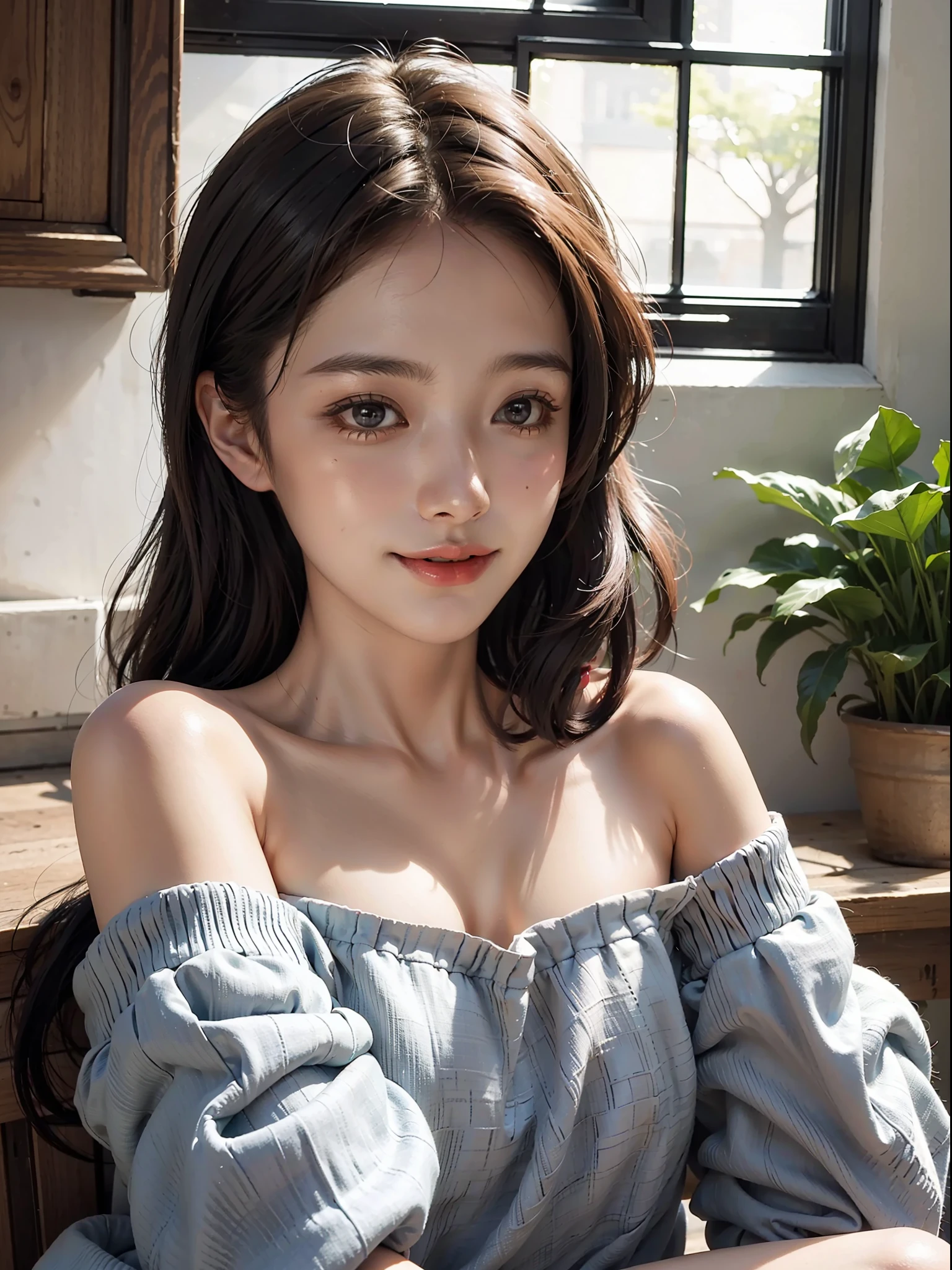 1girl, offshoulder, light smile, shiny skin
best quality, masterpiece, (photorealistic:1.4)