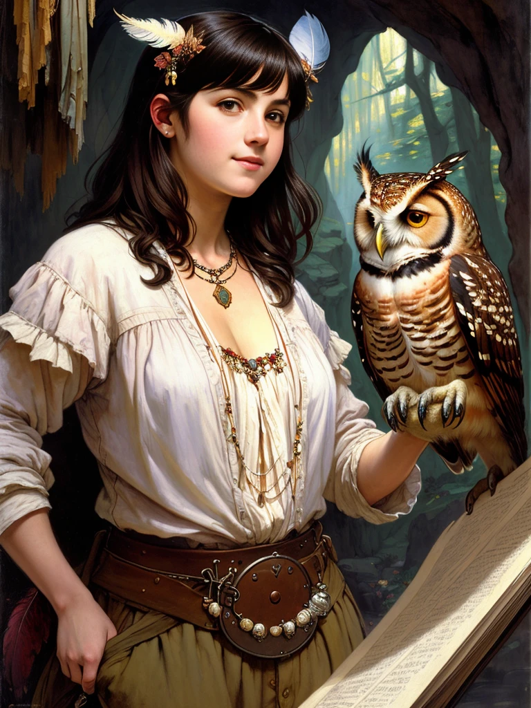 Brian Froude style, oil painting, chiaroscuro, comic style, hybrid creature with pig's body and head, but feathers and owl's tail, in (cold-pressed cotton paper 300 g/m²), dynamic, highly detailed, art station, concept art, smooth, clear focus, illustration, art by John William Waterhouse, details by Carl Larsson, detailed cave background, 60-30-10 color rule, warm tones, light rays, studio lighting, white background, pastel colors