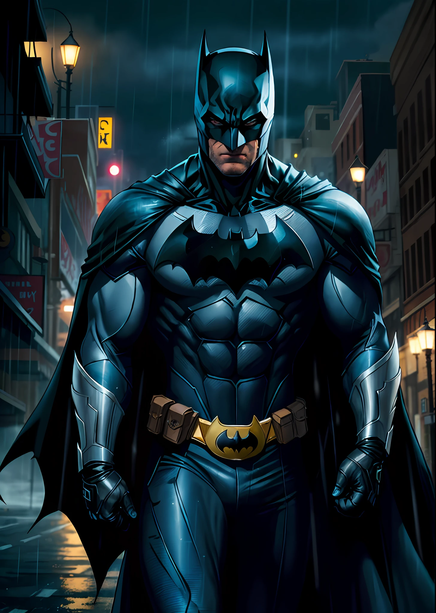 1boy, dark scene, (cowboy shot of batman), athletic, white eyes, no pupils, night city, (mist), particles, light rain, male focus, mask, muscular, muscular male, ragged and torn cape, night, outdoors, rain, serious, dark atmosphere, detailed background, jim lee, ((empty hands)), award winning, masterpiece, realistic:1.35,