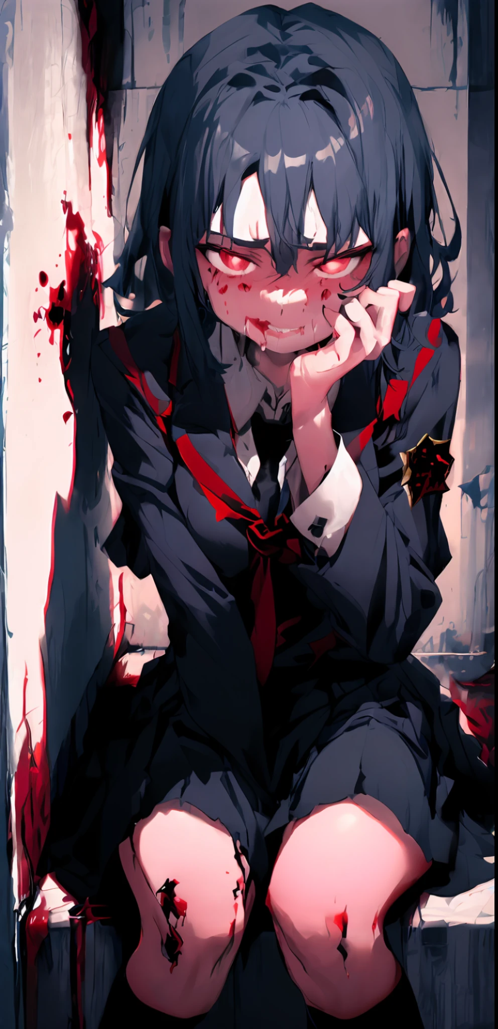 1girl, solo, thoughtful, thinking, heaviness, hard choice, abstraction, emotions, torment, guilt, closer view, looking at viewer, blood, knife,pupils, ((blue and black colors)), ((blue and black palette)), (((noir))), (((noir style)), sitting, crying in corner, sad face, corner of wall background, crying, wearing school uniform, reaching out