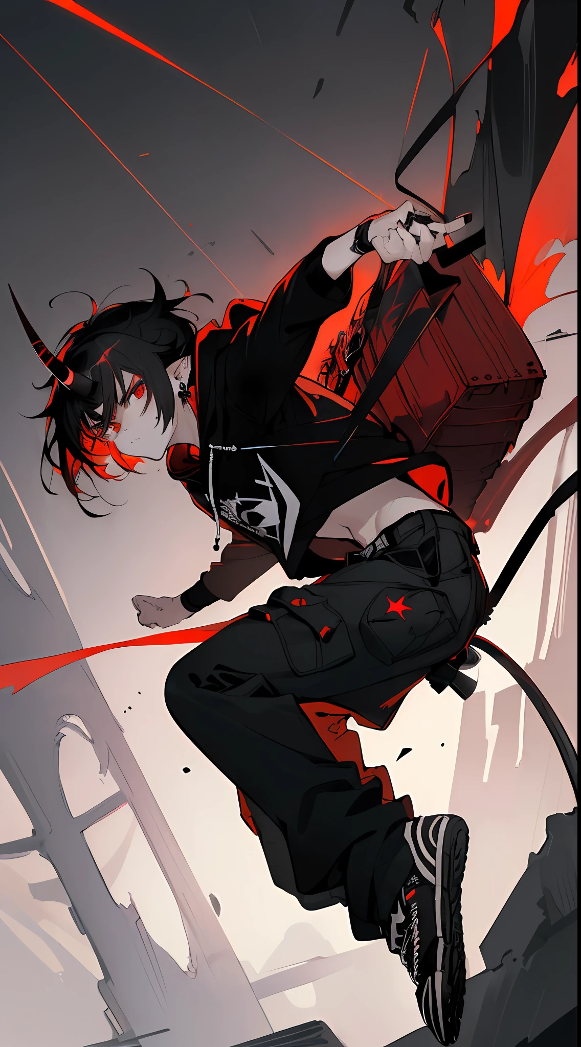 ((highest quality, masterpiece, 4k, finely detailed, gelbooru, pixiv)), finely detailed eyes and detailed face, warm lighting, ((solo)), 1boy, elf ears, (young boy), ((soft features)), emo, ((one demon horn fading from black to red on right side of head)), ((red eyes, sharp eyes)), skinny, ((black hair, messy straight bob hairstyle, short hair, longer middle strand), (looking at viewer, angry expression), ((black band logo hoodie, baggy cargo pants, black converse sneakers, earrings)), painted nails, night city background,, dark atmosphere, moonlight, dynamic pose, sparks flying through air