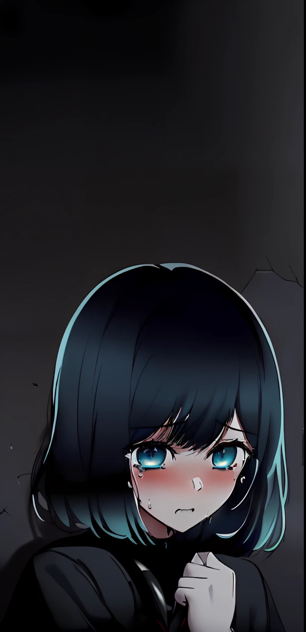 1girl, solo, thoughtful, thinking, heaviness, hard choice, abstraction, emotions, torment, guilt, closer view, looking at viewer, blood, knife,pupils, ((blue and black colors)), ((blue and black palette)), (((noir))), (((noir style)), sitting, crying in corner, sad face, corner of wall background, crying, wearing school uniform, reaching out
