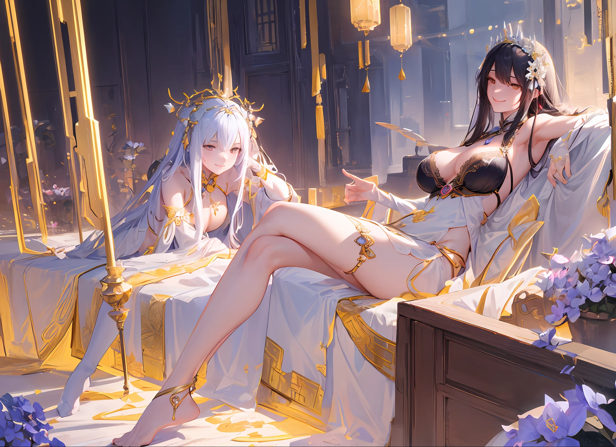 bestbest quality, Beautiful face, tyndall effect, (high detailed skin:1.2), full body detail, a woman in a sexy transparent white lace nightgown with a gold lotus carving belt and white mini skirt,(transparent lace:1.2), cinematic goddess body shot, a beautiful fantasy empress, a beautiful sorceress, hyperdetailed fantasy character, full body xianxia, extremely detailed goddess shot, beautiful sorceress, unreal engine render + a goddess, goddess. extremely high detail, (gigantic breasts:0.25), (Coy Smile:1.2), (black long hair:1.2), photorealistic, masterpiece, 4k, 8k, highres, sakura flower