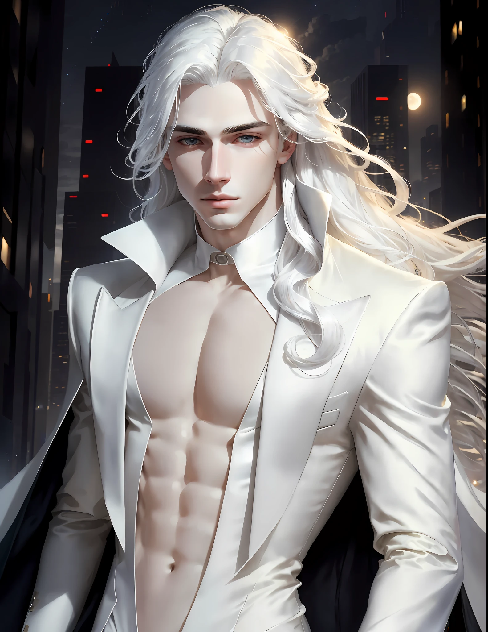 masterpiece, highest quality, (solo focus), (perfect face:1.1), (high detail:1.1),dramatic, 1guy, (pale skin), long white hair, white eyes, [light eyebrows], solo, long hair, moon, night, white luxury suit, covered navel, pouty lips, covered, futuristic city, detailed background,  cinematic lighting,
