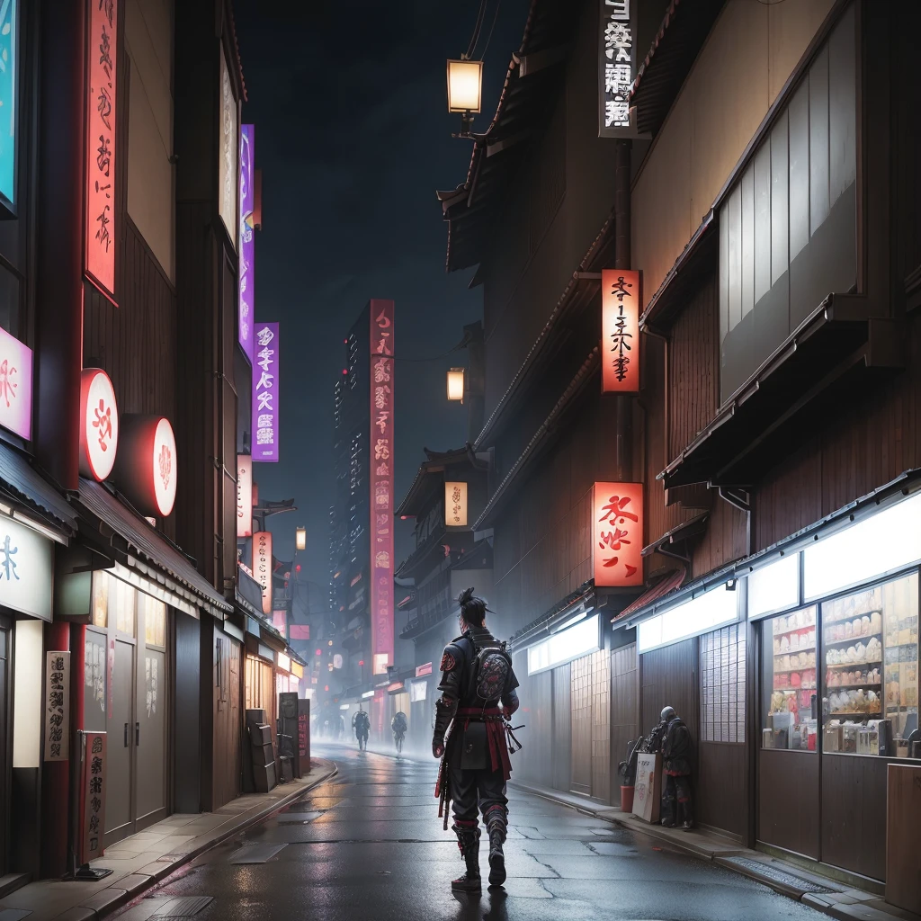 There is a Samurai man with his ninja sword walking down a street at night with a backpack, cyberpunk streets in Japan, Japan. Volumetric Lighting, Cyberpunk Street, Cyberpunk Street at Night, Cyberpunk Streets at Night, Futuristic Cyberpunk Tokyo Night, Japanese Street, Japonisme 3 D 8 K Ultra Detailed, Cyberpunk Night Street, Sci-Fi Cyberpunk City Street, City Street Cinematic Lighting