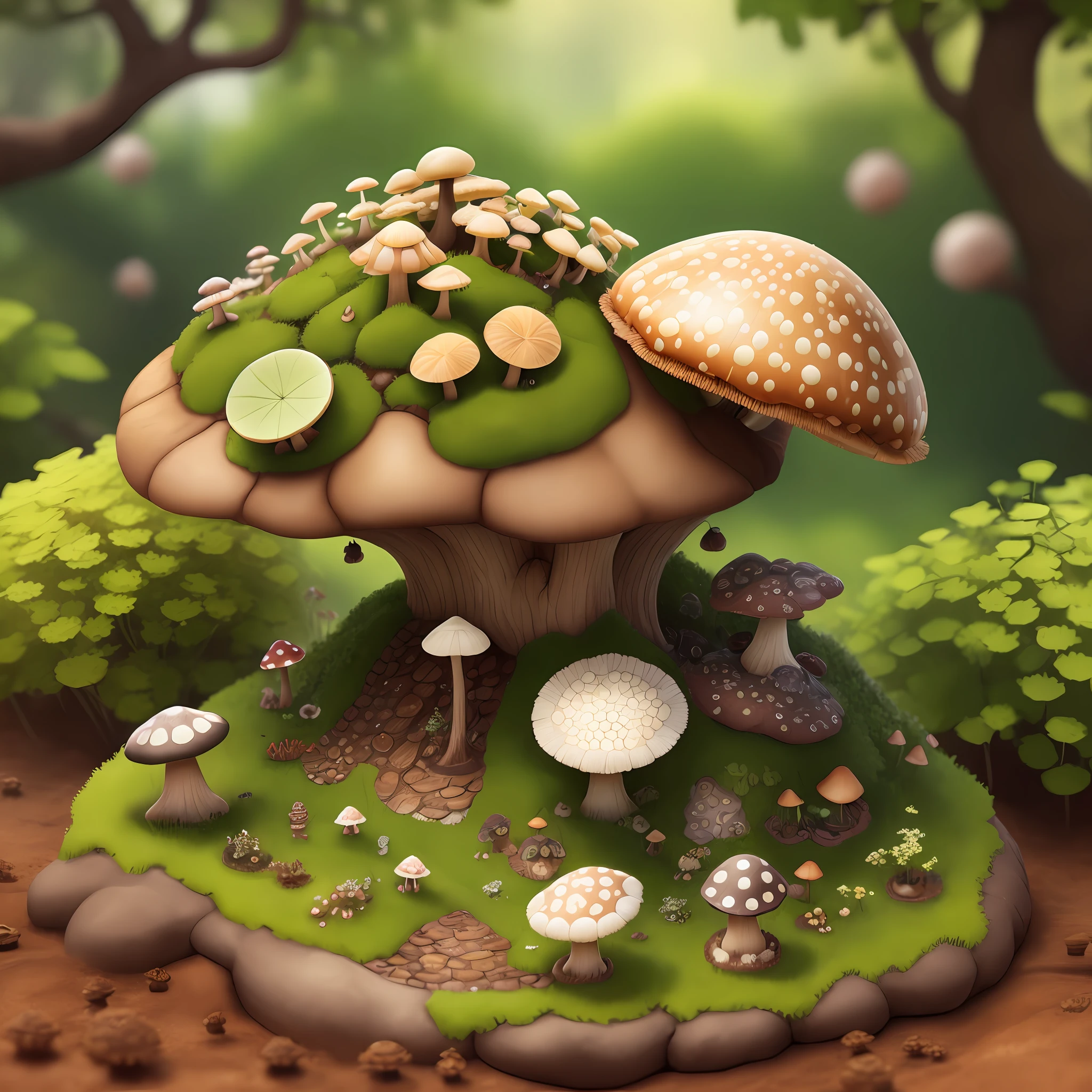 An anthill covered with scales and mushrooms, small gardens surrounding it, realistic hype, 4k, 1: 1