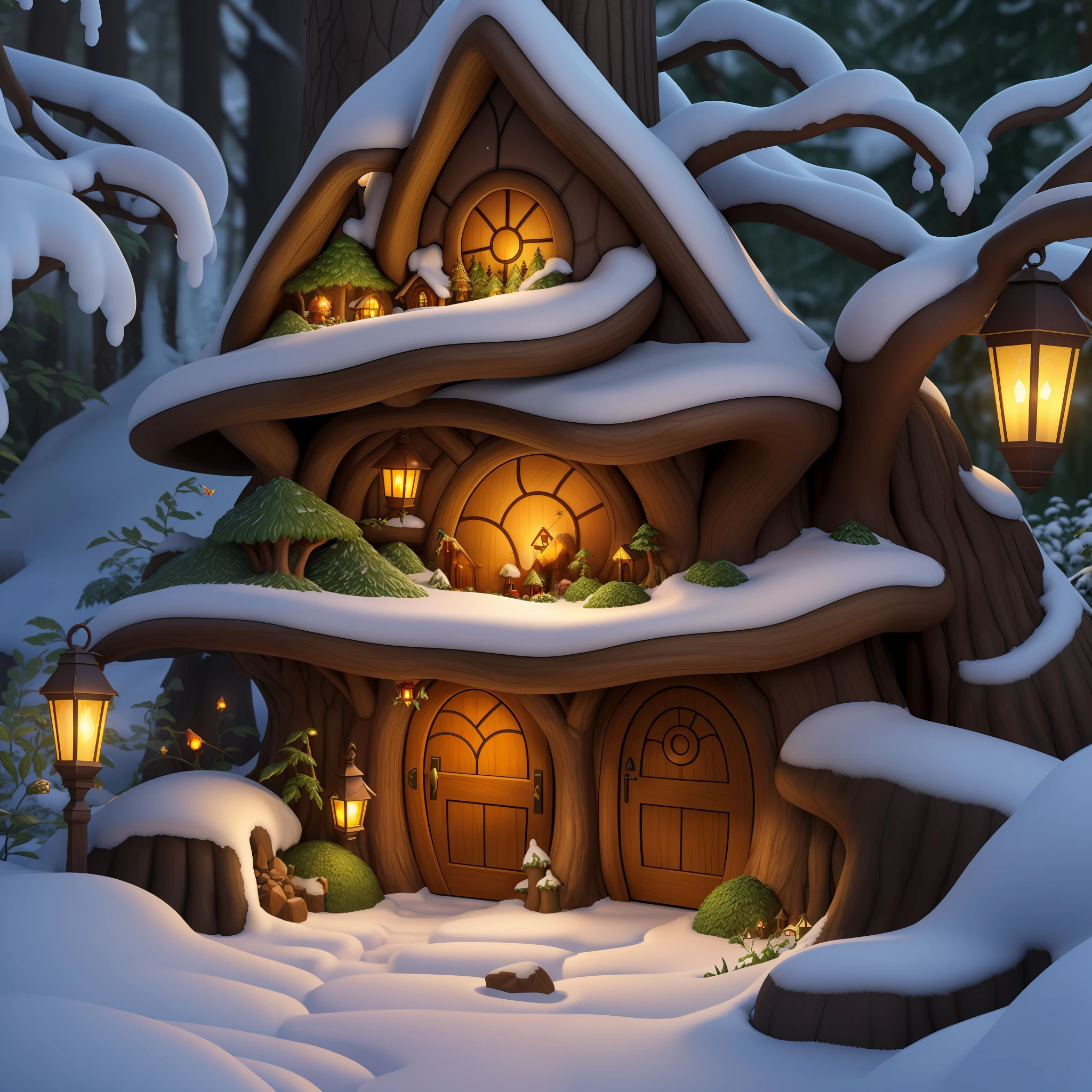 An elven Anthill like hobbit house, in a décor of undergrowth in winter, snow and ice, near a waterfall, lanterns hanging from tree branches, glittering butterflies and fireflies, 4k, Cartoony, glow-imagine, semi-realistic.