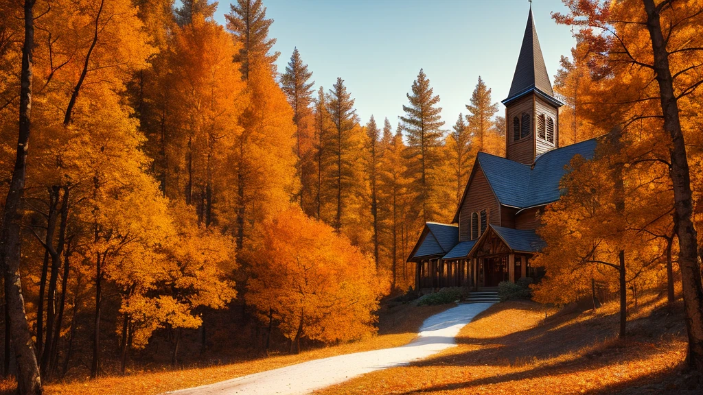 Epic movie poster, professional photo, beautiful church in amazing autumn forest landscape, professional digital art, professional lighting, dramatic lighting, high resolution, 8k, ultra high definition, HDRI, style, model shoot style, style rcnz_hqr