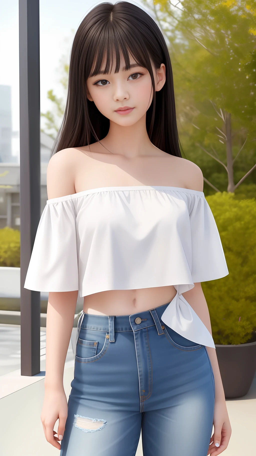 8K quality, masterpiece: 1.2), (realism, photorealism: 1.37), ultra detail, ray tracing, cinematic lighting, side lighting, ultra high resolution, perfect anatomy, best shadows, slender, flat top hairstyle, stunning innocent symmetrical face, emotion, school flower, smile, standing, (pure love pie face V1:0.3), wrinkled jeans, off-the-shoulder top, canvas shoes, (Lora: Japanese doll-like similarity V1_V15: 0.0.3) (