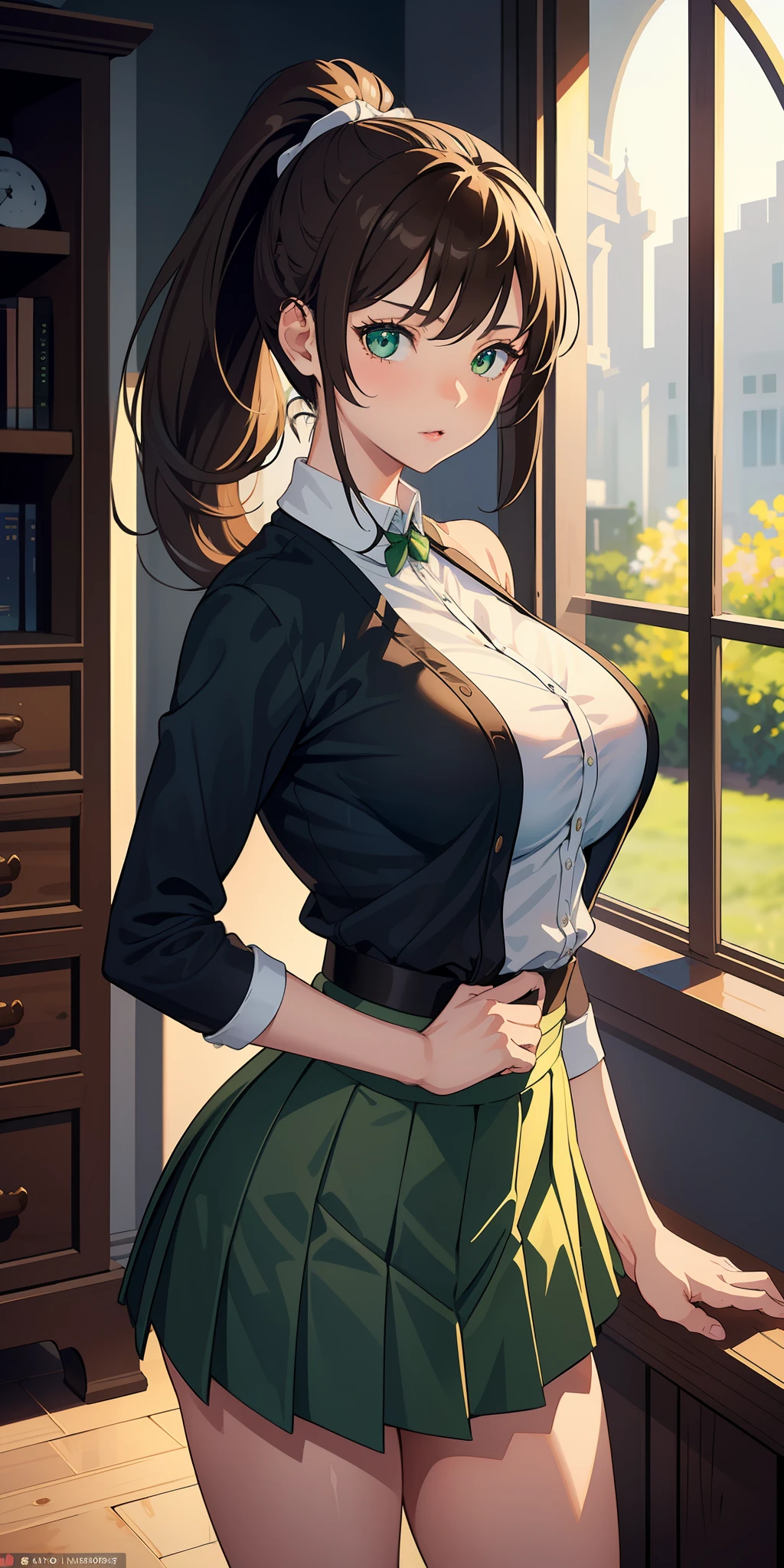 (masterpiece:1.2, best quality), (finely detailed beautiful eyes: 1.2), a girl with a brown ponytail, green eyes, big breasts, only 1 girl, age 20, skirt