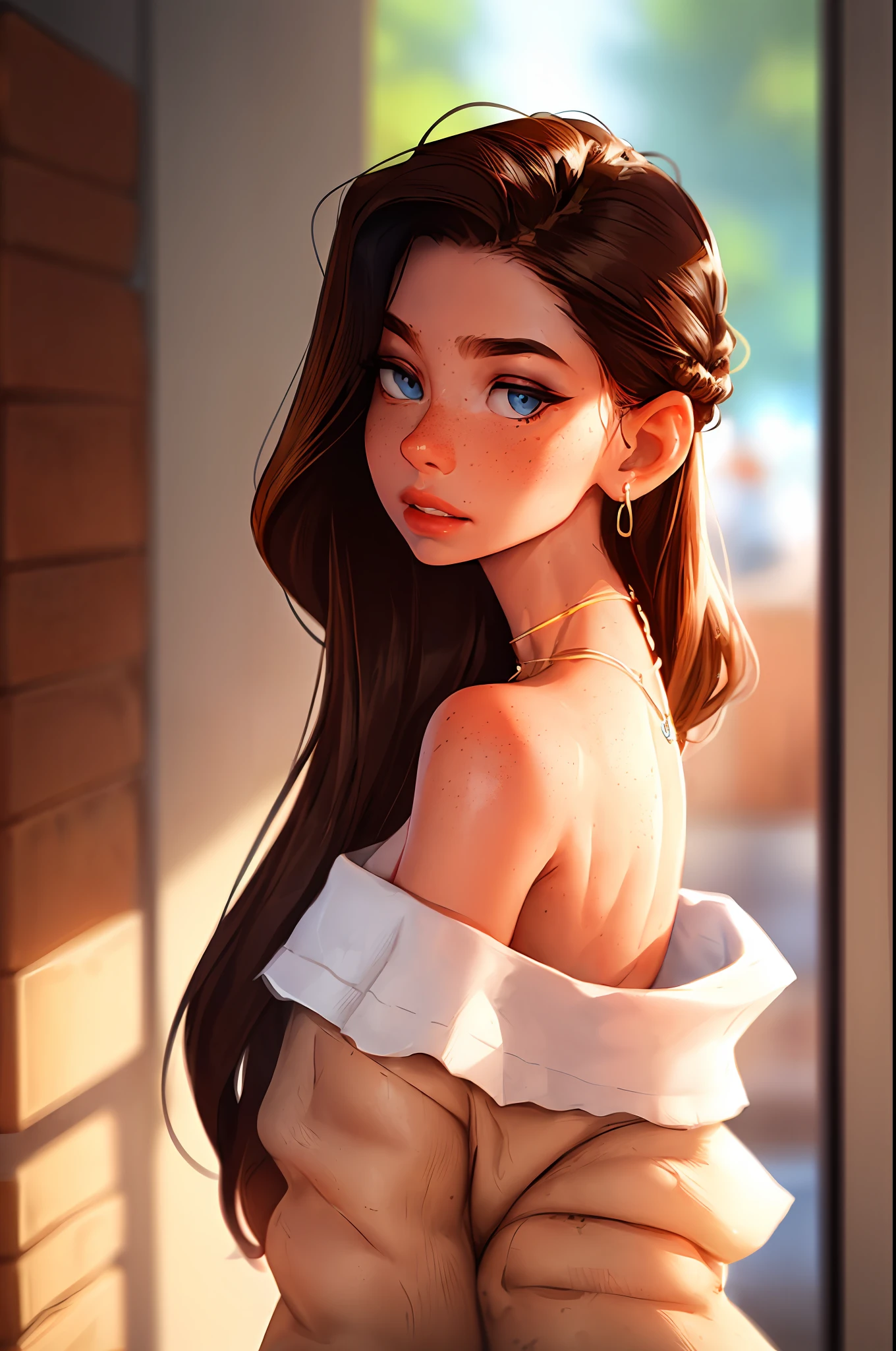 sam yang,
1girl, back, bare shoulders, blue eyes, brown hair, earrings, freckles, jewelry, lips, long hair, looking at viewer, looking back, necklace, off shoulder, parted lips, portrait, day, depth of field, solo
, ((masterpiece))