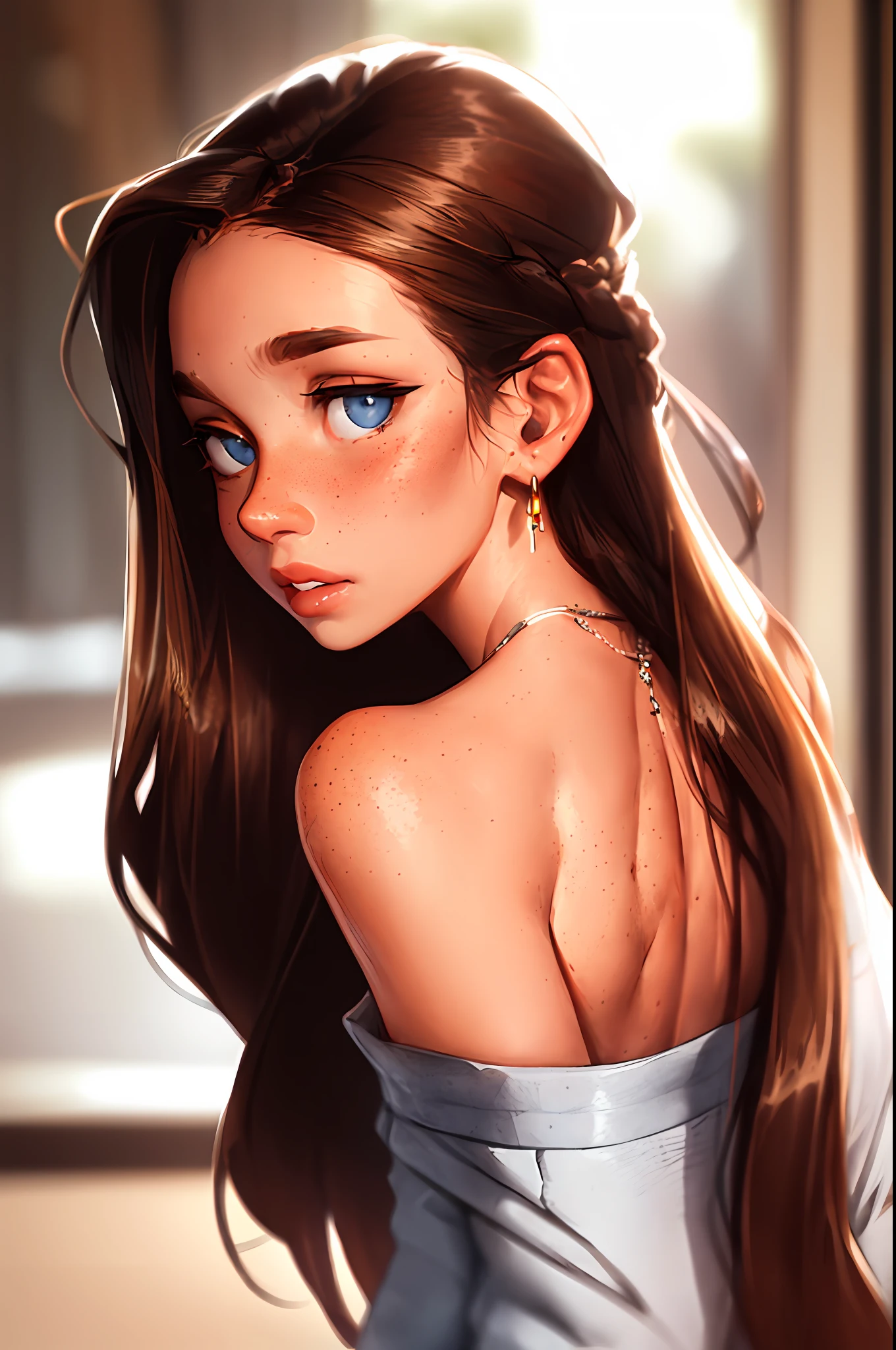 sam yang,
1girl, back, bare shoulders, blue eyes, brown hair, earrings, freckles, jewelry, lips, long hair, looking at viewer, looking back, necklace, off shoulder, parted lips, portrait, day, depth of field, solo
, ((masterpiece))