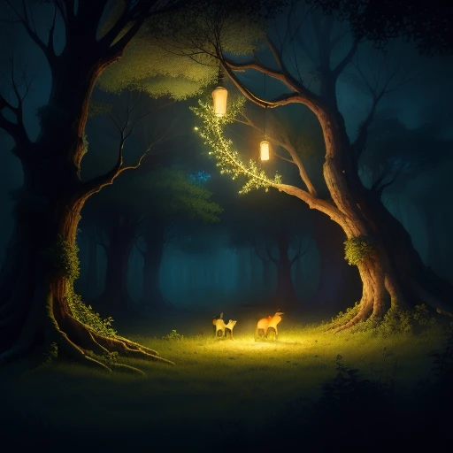 drawing me spirit ant nests in the old forest, twinkling lights, 4k, HDR, animation