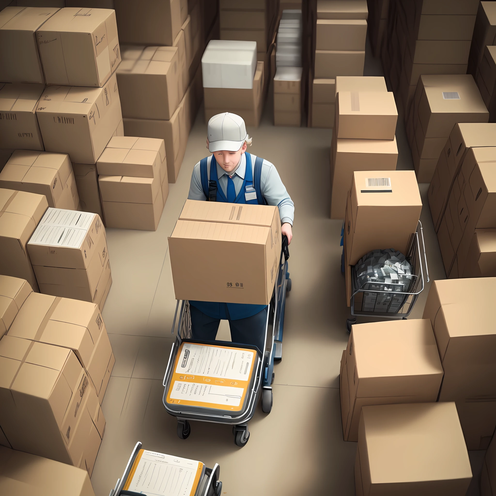 People sorting parts in an inventory environment using data collectors and placing them on moving carts