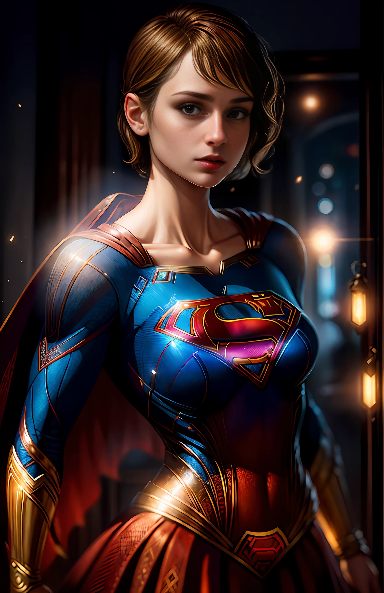 best quality, realistic, photorealistic, award-winning illustration, (intricate details: 1.2), (delicate detail), (intricate details), (cinematic light, Supergirl with extremely sexy short hair