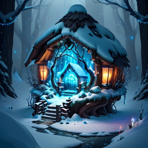 An elven Anthill like hobbit house petrified in an icefall, in a snowy setting, blue lanterns hanging from tree branches, glittering butterflies and fireflies, 4k, glow-imagine, semi-realistic.-variation