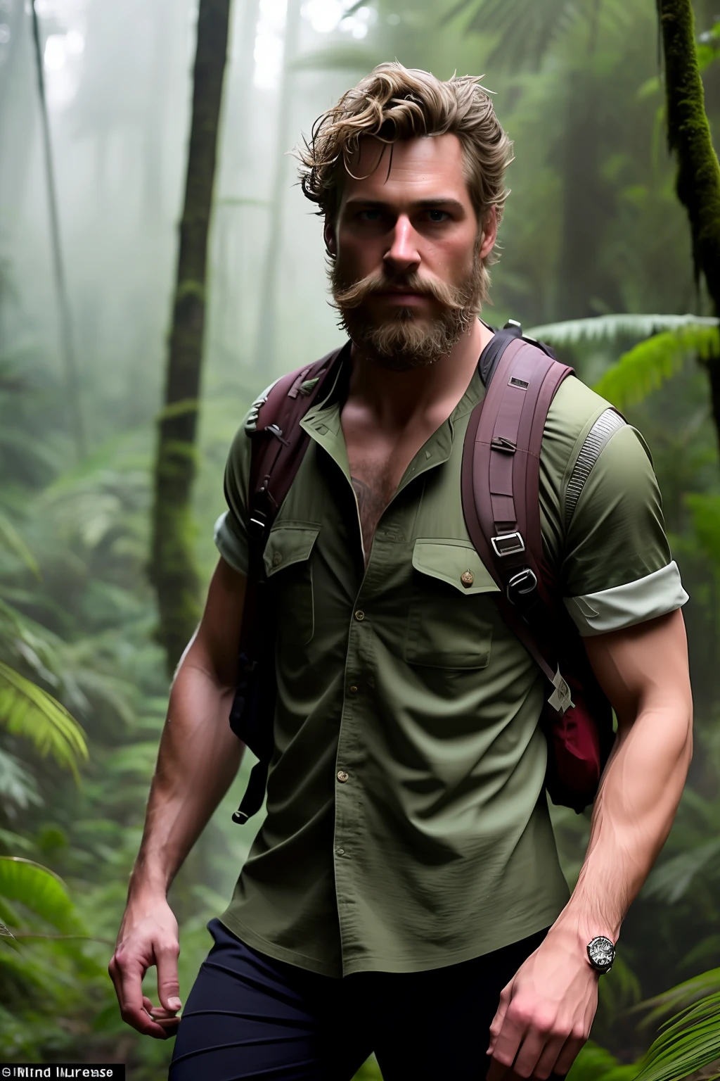 A matur and extremely handsome and fitted rugged adventurer lost in a lush and foggy jungle, determined to complete hismission, short windy hair