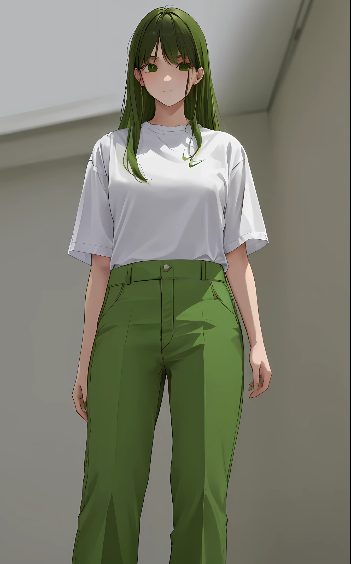 1girl, she wearing white shirt and green pants, casual clothes, wearing green nike shoes, 22 years old, scary face, adult face, 4k style, realistic, crowded, green long hair