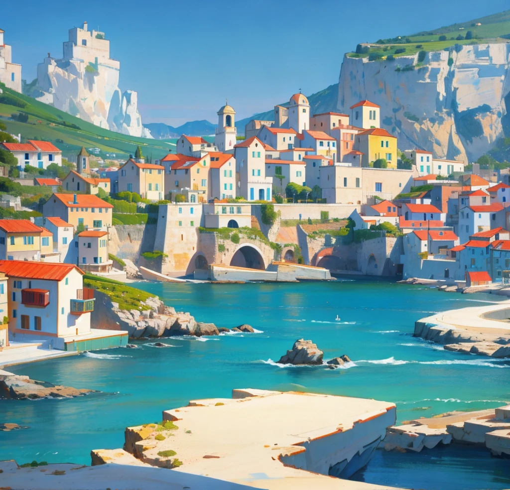 A very detailed painting that shows a landascape of a southern italian coast, picasso style, perfect