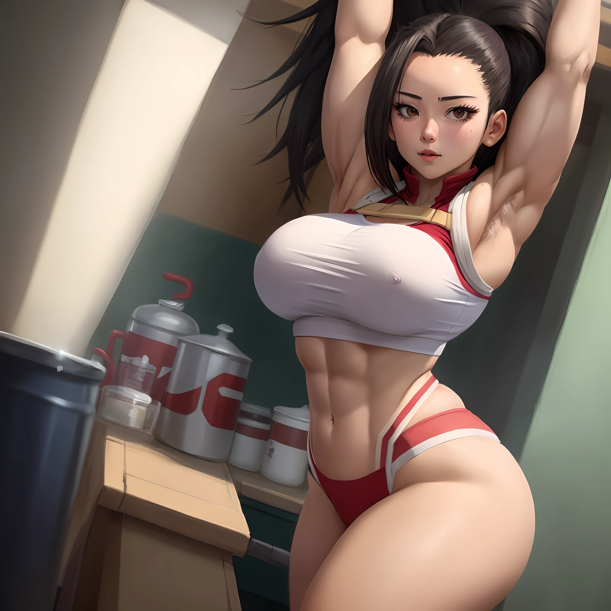 1girl, large breasts, crop top, muscular, momo yaoyorozu, masterpiece, stretching, armpit, armpit hair