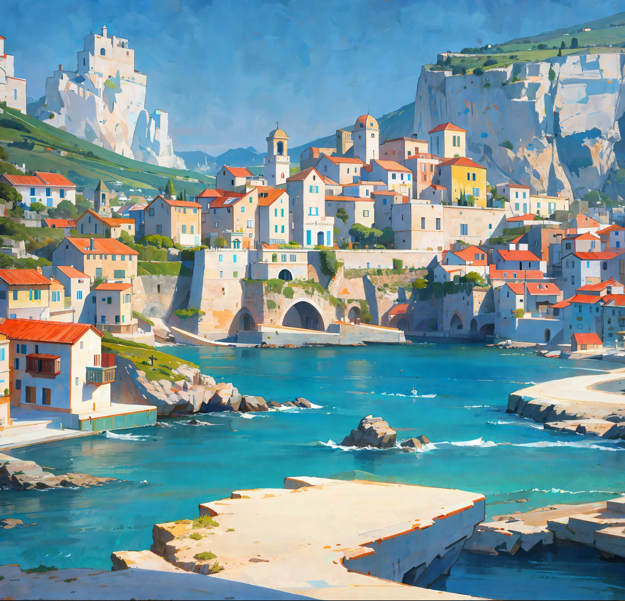 A very detailed painting that shows a landascape of a southern italian coast, picasso style, perfect