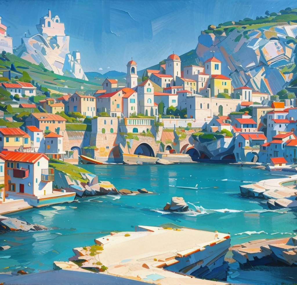 A very detailed painting that shows a landascape of a southern italian coast, picasso style, perfect