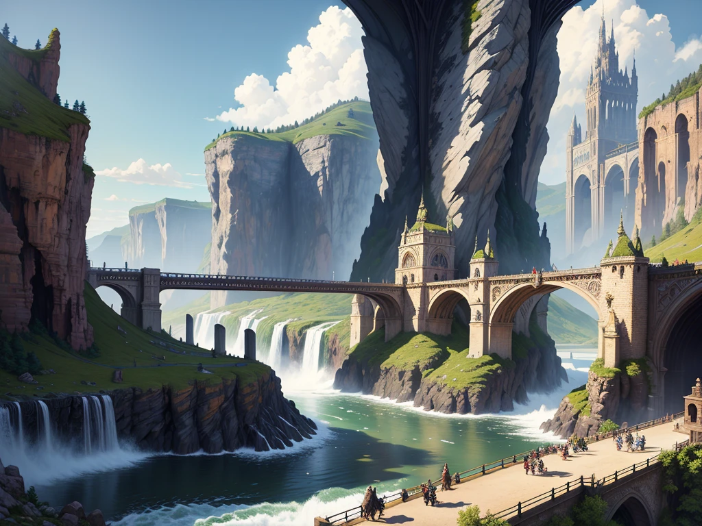 (Masterpiece:1.2), extremely intricate details, FF14 style, dynamic painting, depicting a bustling medieval city with a majestic bridge spanning wide rivers, surrounded by towering giant waterfalls. The vast landscape explodes with vivid colors."