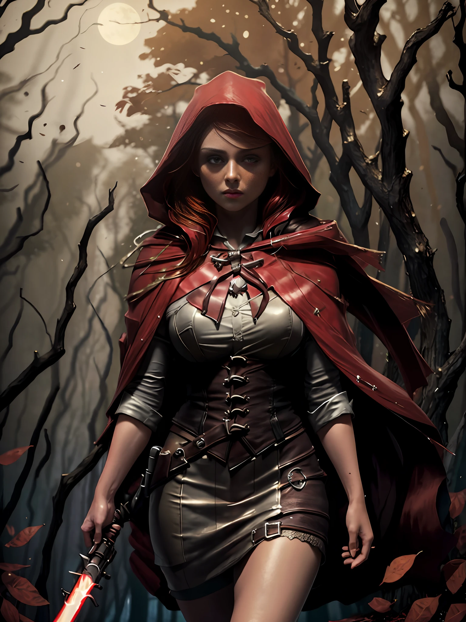 extremely beautiful red riding hood, subtle makeup, golden hour, photorealistic, high contrast, 8k HD, detailed, hyper-detailed, realistic skin texture, covered with red hood, large breast, best quality, ultra high res, raw photo, dramatic lighting, unreal engine, diffuse glow, intricate red hood, outdoor, realistic detailed dark forest, falling leaves, breeze, holding light saber
