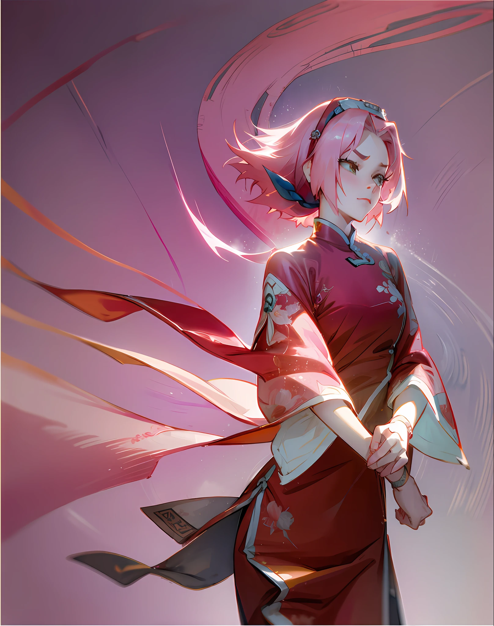 A beautiful Chinese girl, bust, wearing peony hair accessories, wearing antique Chinese clothes, beautiful female body, lancet eyebrows, meticulous eyes, pink hair, flowing skirt, floating clouds, watercolor, ink painting, harmonious and unified tone, beautiful details, rich light, Xin qi rendering, perfect art, fresh color background, Qiu Ying style of ancient Chinese artists, soft shadows, Clear Sharp Focus, Cinematography, Central Composition, Poster Design, Cinematography, Panorama, 32K, -- v 6