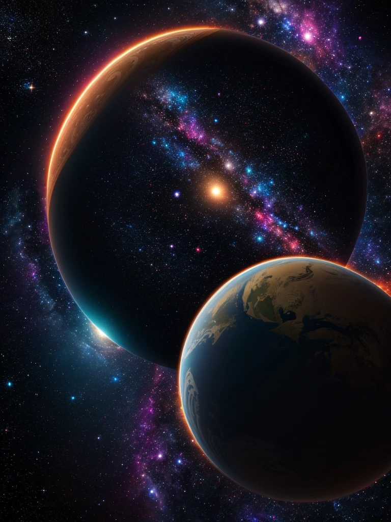 (Best Quality)), Super Fine CG Unity 8k Wallpaper, ((Master)) Level Illustrations, Themed Cosmic Space, A ((1girl)) Floating in a Cosmic Vortex, Brown Hair, Brown Eyes, Spacesuit, Dark Giant Black Hole and Giant Glowing Stars on the background, Set off Colorful Planets.