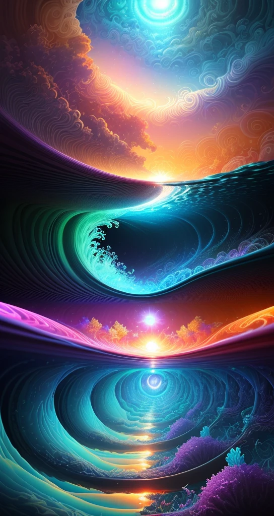 Coal-powered train running under clear water, colorful glowing seaweed, beautiful fish, turtles, smoke coming out, sun shining through underwater, 16K HD, detailed view, bright colors, thick lines, waves, multiple layers, foreground, perspective, fractal Thunder Dan Mumford , Dan Mumford and Alex Gray style, psychedelic surreal art, surreal psychedelic design, dream art style, illusion psychedelic art, infinite psychedelic waves, inspired by Cyril Rolando Rolando), realistic ripple structure, psychedelic art style, psychedelic art, psychedelic illustration