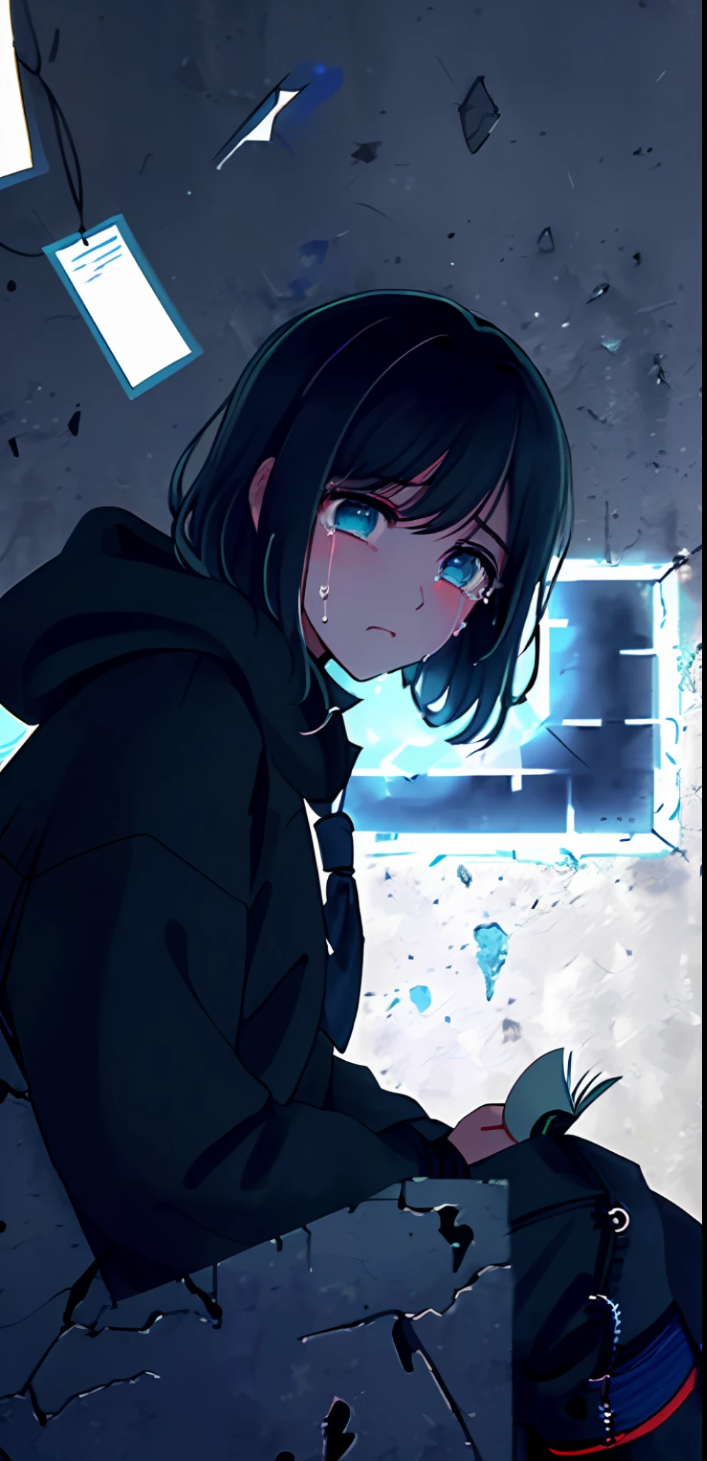 1girl, solo, thoughtful, thinking, heaviness, hard choice, abstraction, emotions, torment, guilt, closer view, looking at viewer, blood, knife,pupils, ((blue and black colors)), ((blue and black palette)), (((noir))), (((noir style)), sitting, crying in corner, sad face, corner of wall background, crying, wearing school uniform, reaching out, reading script