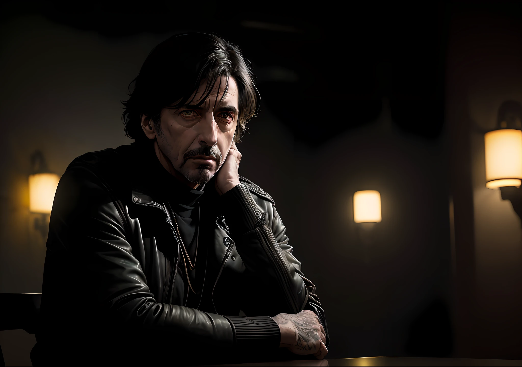 Al Pacino dark photo: sitting at the table, realistic epic, portrait of, green eyes of Atey Ghailan, Greg Rutkowski, Greg Tocchini, James Gilleard, Joe Fenton, Kaethe Butcher, yellow gradient, black, brown and magenta color scheme, grunge aesthetic!!! Graffiti brand wall background, art by Greg Rutkowski and Artgerm, soft cinematic light, Adobe Lightroom, Photo Lab, HDR, intricate, highly detailed, (depth of field: 1.4), faded, (neutral colors: 1.2), (HDR: 1.4), (soft colors:1.2), hyperdetailed, (Artstation:1.4), cinematic, warm lights, dramatic light, (intricate details:1.1), complex background, (Rutkowski:0.66), (blue and orange:0.4)