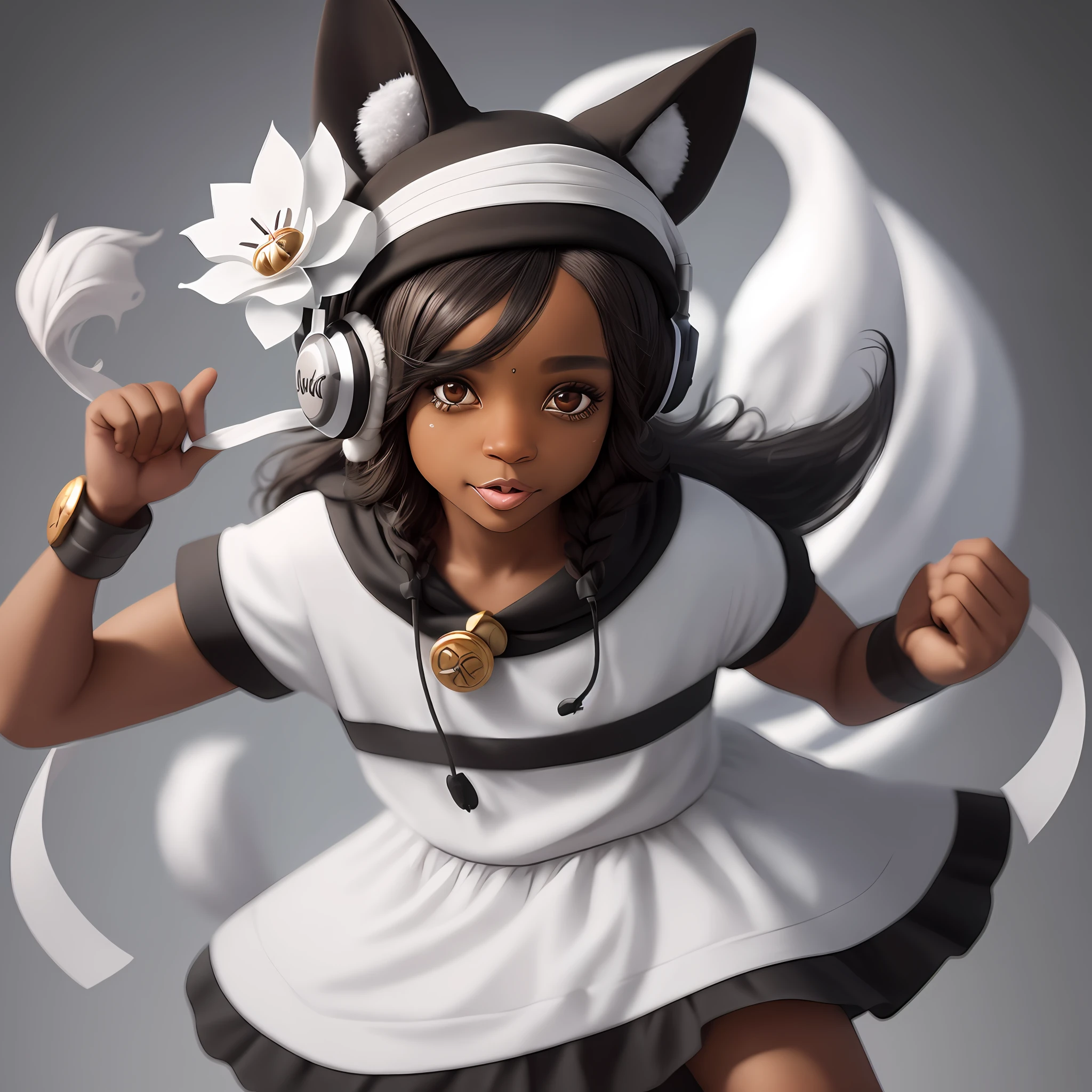 cachorro preto e branco, hair flower, bandage over one eye, headphones, wizard hat, fox ears, crazy eyes, high detail, jpeg artifacts