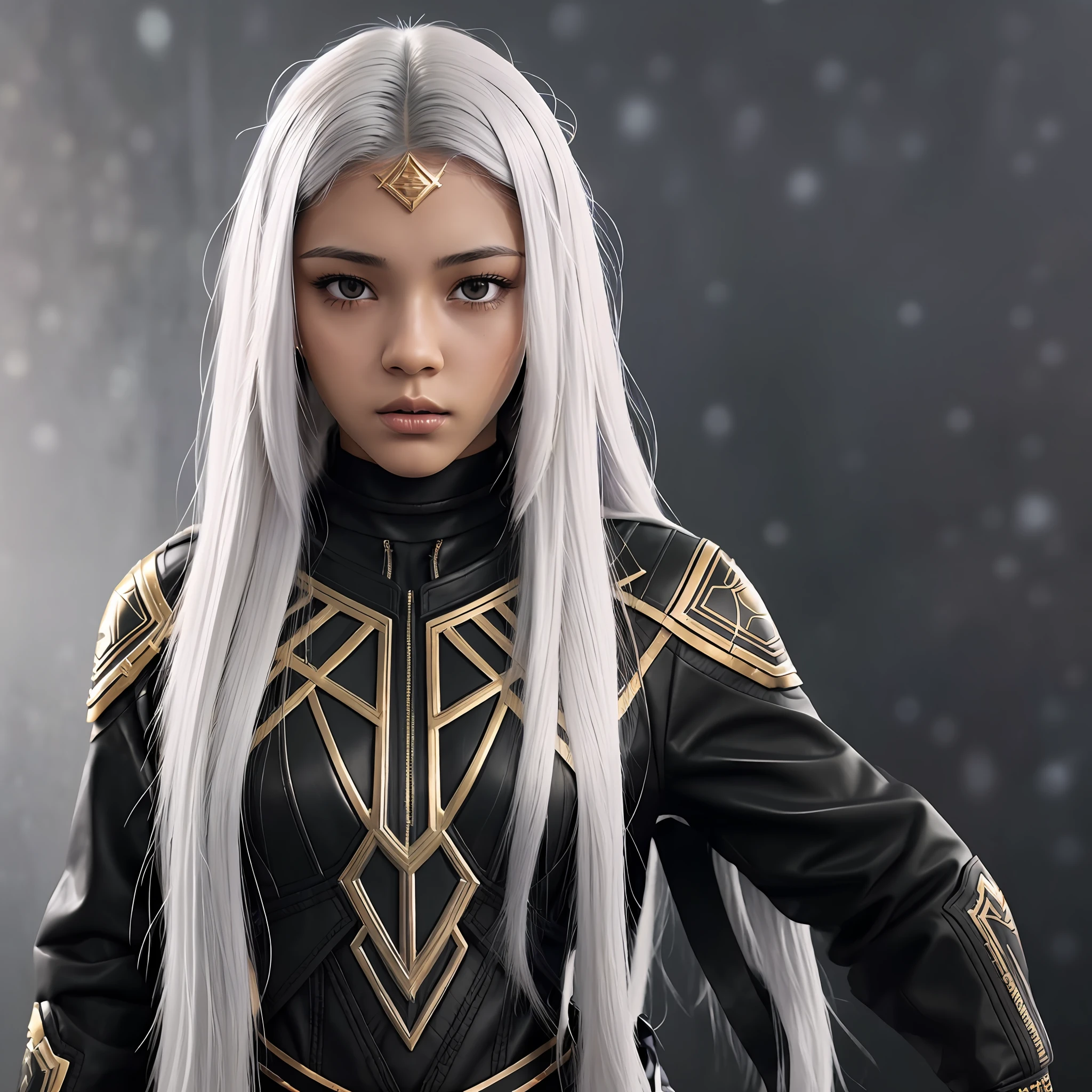 pre teen version of ella balinska with a lightskin tone, white hair collor long straight hair, whit grey eyes, using a black panther movie style clothes with golden details. detailed eyes, detailed face, intricate, grunge outfits, cinematic lighting, strong back lighting realistic concept art, digital painting, water color painting, trending on art station, fullbody.