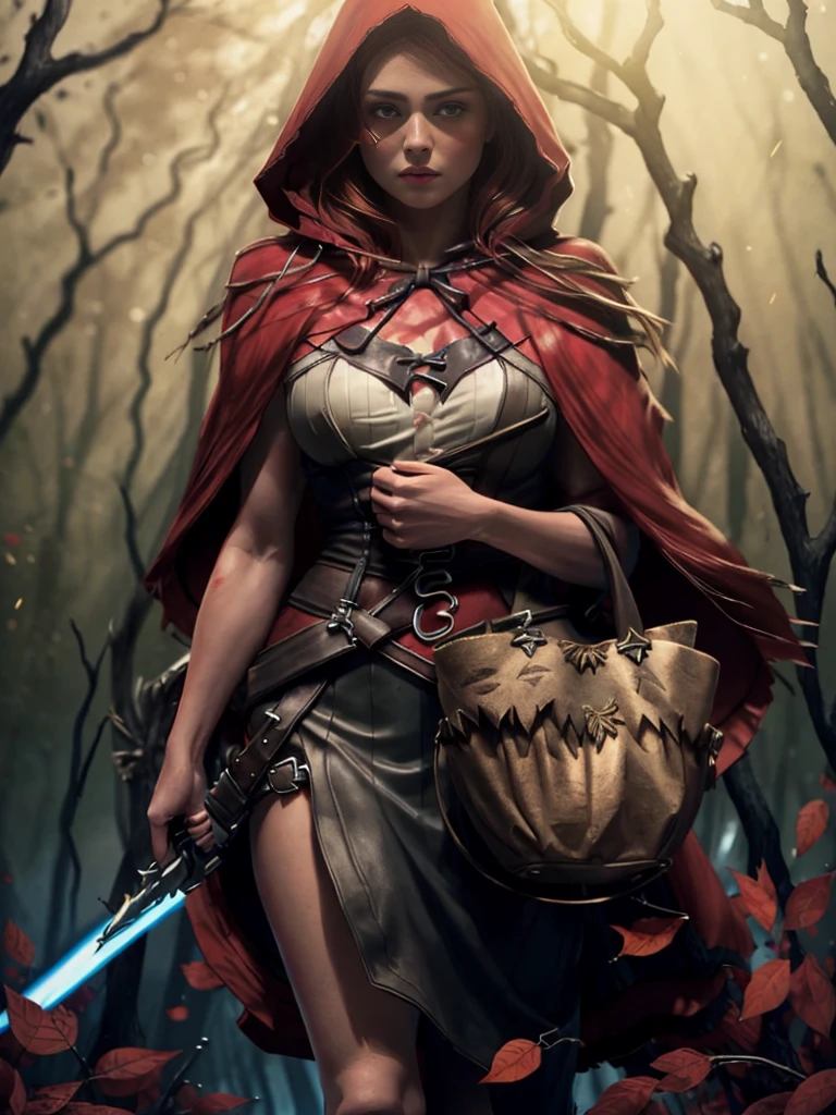 extremely beautiful red riding hood, subtle makeup, golden hour, photorealistic, high contrast, 8k HD, detailed, hyper-detailed, realistic skin texture, covered with red hood, large breast, best quality, ultra high res, raw photo, dramatic lighting, unreal engine, diffuse glow, intricate red hood, outdoor, realistic detailed dark forest, falling leaves, breeze, holding light saber