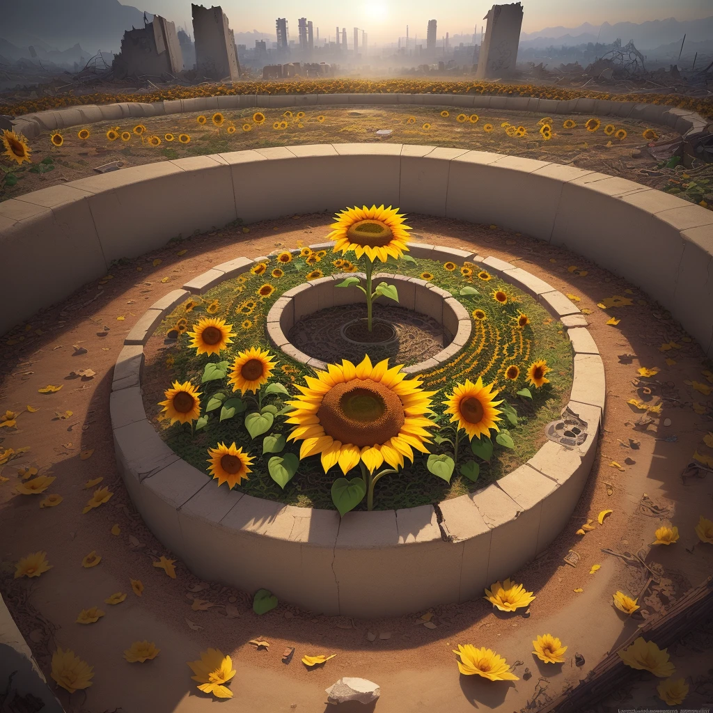 A large sunflower untouched and illuminated and beautiful with whole petals in the middle of a destroyed garden with many dried flowers and leaves, apocalyptic and destroyed scenery, fractal lines, scribbles, arabesques, scratches and traces all over the image