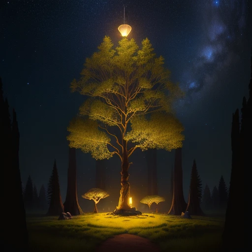 An anthill in a hanging light bulb has a tree, fairy insects flying around, fairy forest setting, starry night, 4K, semi-realistic-imagine -