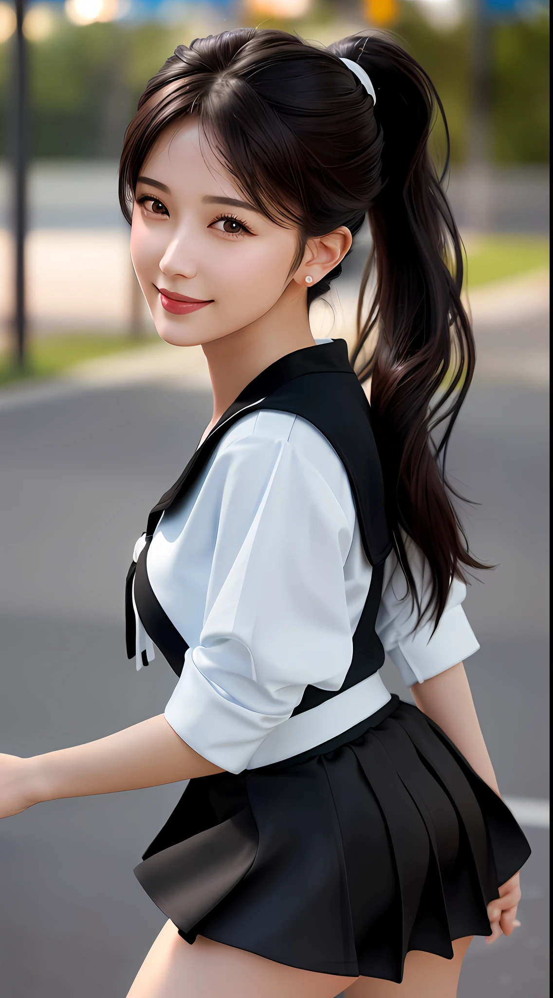 Best Quality, Masterpiece, 1girl, Beautiful Face, (Photo Realistic:1.3), Rim Light, (High Detail Skin:1.2), 8K UHD, DSLR, High Quality, High Resolution, 4K, 8K, Bokeh, Outrageous, Best Ratio Four Fingers and One Thumb, (Realism: 1.3), (Best Illustration: 1.1), (Best Shadows: 1.1), Ultra High Resolution, (Photoreal: 1.1), (Photorealistic 1.2:1.1), Realistic Face Proportions, Slender, Smile, Light on Face, (Makeup:0.4), (Puffy Black Eyes:1.21), Black eyes, looking at the viewer, dark brown hair, medium breasts, short skirt, ponytail up, sailor suit,