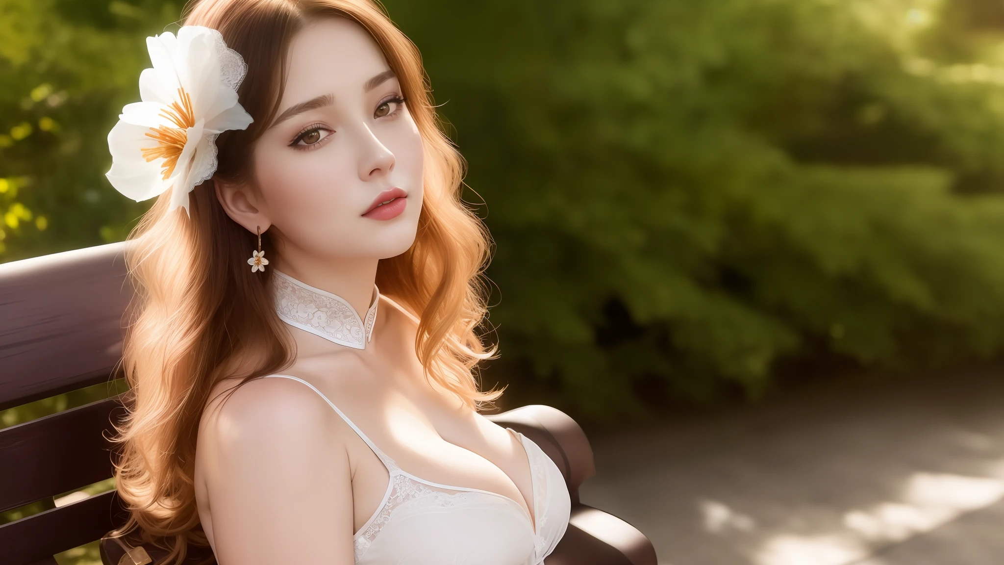 masterpiece,Moody Lighting,best quality,high res,realistic,Pale skin,A beautiful girl,Light smile,style of a idol,cleavage,gigantic breasts,huge breasts,high heels,(full body), looking at viewer,Background blur,Crystal clear eyes,(solo),Thin lips,Exaggerated body proportions,large_hips,thick_thighs,Greasy skin,closed mouth,
sitting on a bench,Crossed legs,pantyhose,(china dress:1.4),white Lace Bra,Hair flower,Curly long hair,brown eyes,outdoors,park,belt,jewelry,earrings,