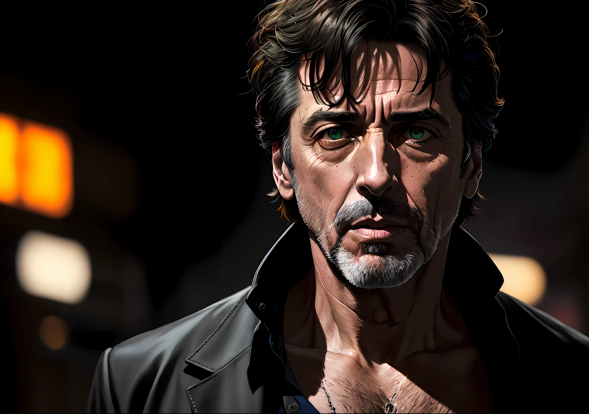 Al Pacino Scarface 35 years old with cigarette in hand Dark photo: realistic epic, portrait of, green eyes of Atey Ghailan, Greg Rutkowski, Greg Tocchini, James Gilleard, Joe Fenton, Kaethe Butcher, yellow gradient, black, brown and magenta color scheme, grunge aesthetic!!! Graffiti brand wall background, art by Greg Rutkowski and Artgerm, soft cinematic light, Adobe Lightroom, Photo Lab, HDR, intricate, highly detailed, (depth of field: 1.4), faded, (neutral colors: 1.2), (HDR: 1.4), (soft colors:1.2), hyperdetailed, (Artstation:1.4), cinematic, warm lights, dramatic light, (intricate details:1.1), complex background, (Rutkowski:0.66), (blue and orange:0.4)