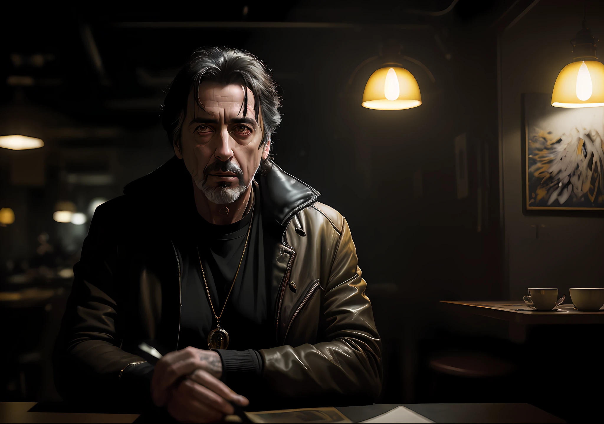Al Pacino dark photo: sitting at the table, realistic epic, portrait of, green eyes of Atey Ghailan, Greg Rutkowski, Greg Tocchini, James Gilleard, Joe Fenton, Kaethe Butcher, yellow gradient, black, brown and magenta color scheme, grunge aesthetic!!! Graffiti brand wall background, art by Greg Rutkowski and Artgerm, soft cinematic light, Adobe Lightroom, Photo Lab, HDR, intricate, highly detailed, (depth of field: 1.4), faded, (neutral colors: 1.2), (HDR: 1.4), (soft colors:1.2), hyperdetailed, (Artstation:1.4), cinematic, warm lights, dramatic light, (intricate details:1.1), complex background, (Rutkowski:0.66), (blue and orange:0.4)