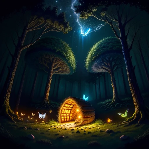 drawing me egg-shaped ant nests at night in an old forest, twinkling lights, poetic, with fireflies and butterflies glowing, 4k, HDR, animated