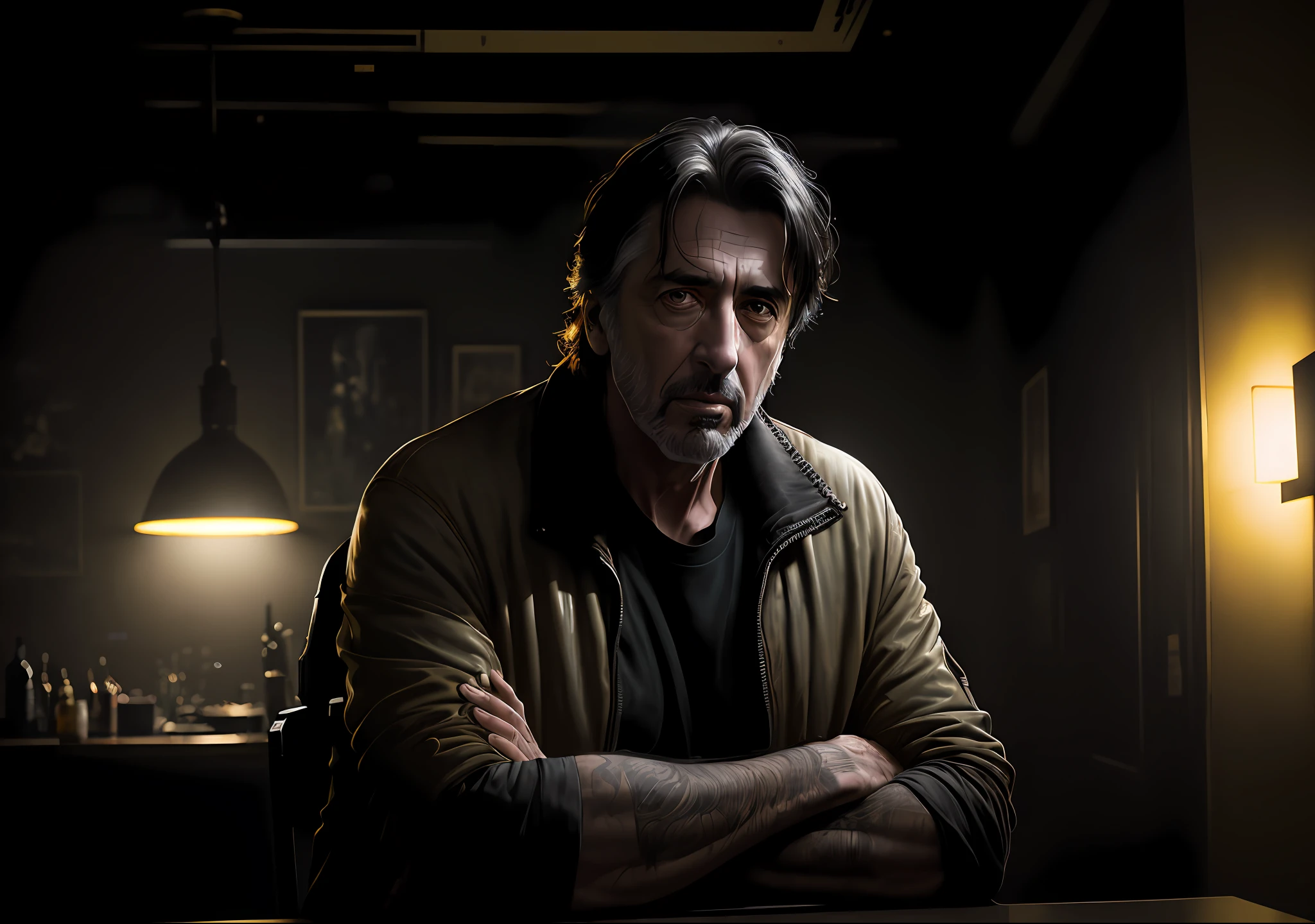 Al Pacino dark photo: sitting at the table, realistic epic, portrait of, green eyes of Atey Ghailan, Greg Rutkowski, Greg Tocchini, James Gilleard, Joe Fenton, Kaethe Butcher, yellow gradient, black, brown and magenta color scheme, grunge aesthetic!!! Graffiti brand wall background, art by Greg Rutkowski and Artgerm, soft cinematic light, Adobe Lightroom, Photo Lab, HDR, intricate, highly detailed, (depth of field: 1.4), faded, (neutral colors: 1.2), (HDR: 1.4), (soft colors:1.2), hyperdetailed, (Artstation:1.4), cinematic, warm lights, dramatic light, (intricate details:1.1), complex background, (Rutkowski:0.66), (blue and orange:0.4)