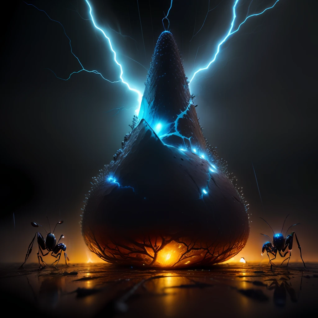 ants under an electric storm, in heavy rain, digging a pear, 4K, semi-realistic