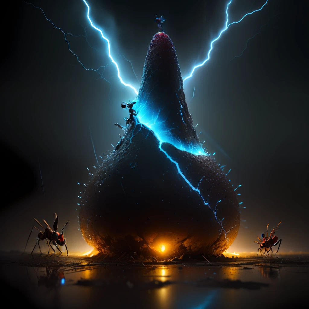 ants under an electric storm, in heavy rain, digging a pear, 4K, semi-realistic