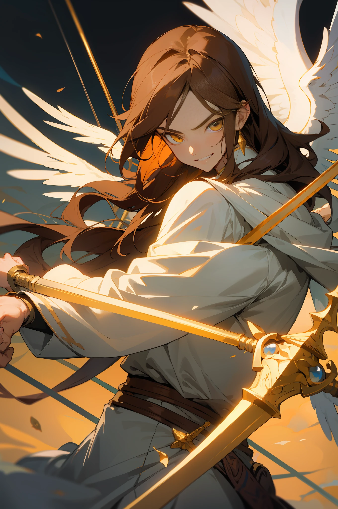 Anime half masked angel man with two rapiers, breath of the wild art style. Noble clothes, golden eyes, dark hair. Grinning