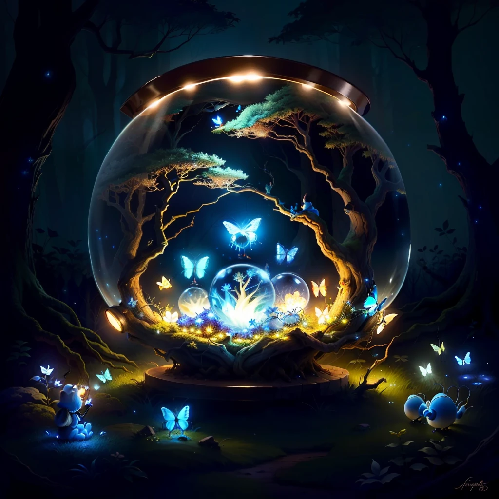 drawing me a nest of night smurfs ants in an old forest, twinkling lights, in a spherical aquarium, with fireflies and butterflies glowing, 4k, HDR, animated