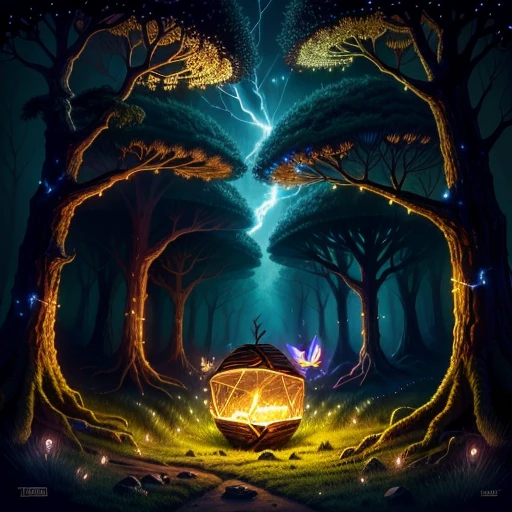 drawing me egg-shaped ant nests at night in an old forest, twinkling lights, poetic, with fireflies and butterflies glowing, 4k, HDR, animated